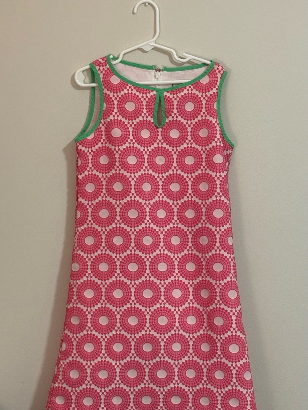 Girls Pink Patterned Sleeveless Dress with Green Trim
